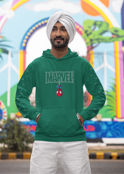 Man wearing a green Marvel hoodie with colorful background
