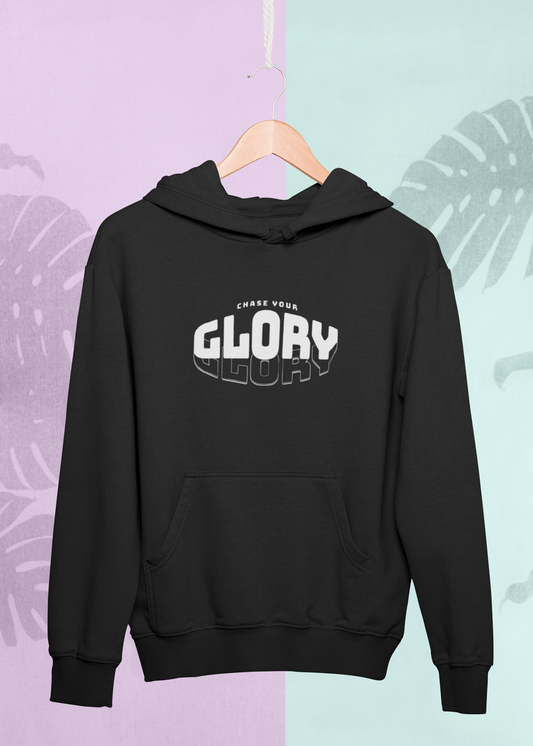 Black hoodie with 'Chase Your Glory' text on a pastel background