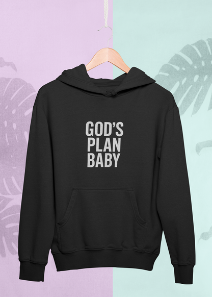 Black hoodie with 'GOD'S PLAN BABY' text on a pastel background