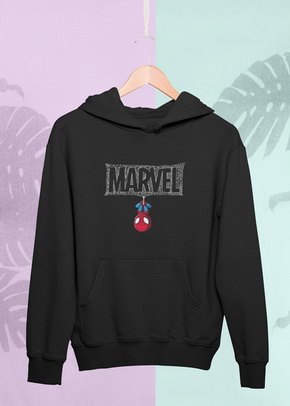 Black hoodie with Marvel logo and Spider-Man emblem on a hanger against a multicolored leaf-patterned background